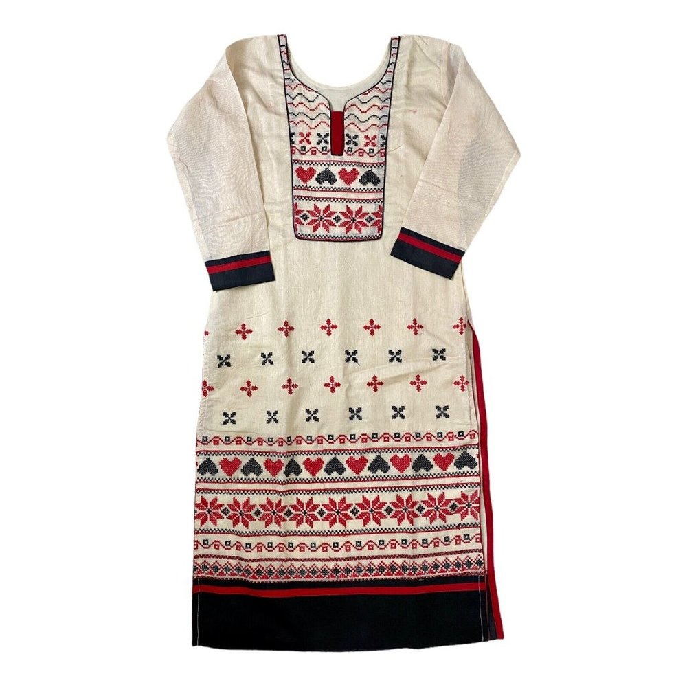 Indian Women’s Kurti Beige Embroidered Traditional Tunic Dress Top, Size Small
